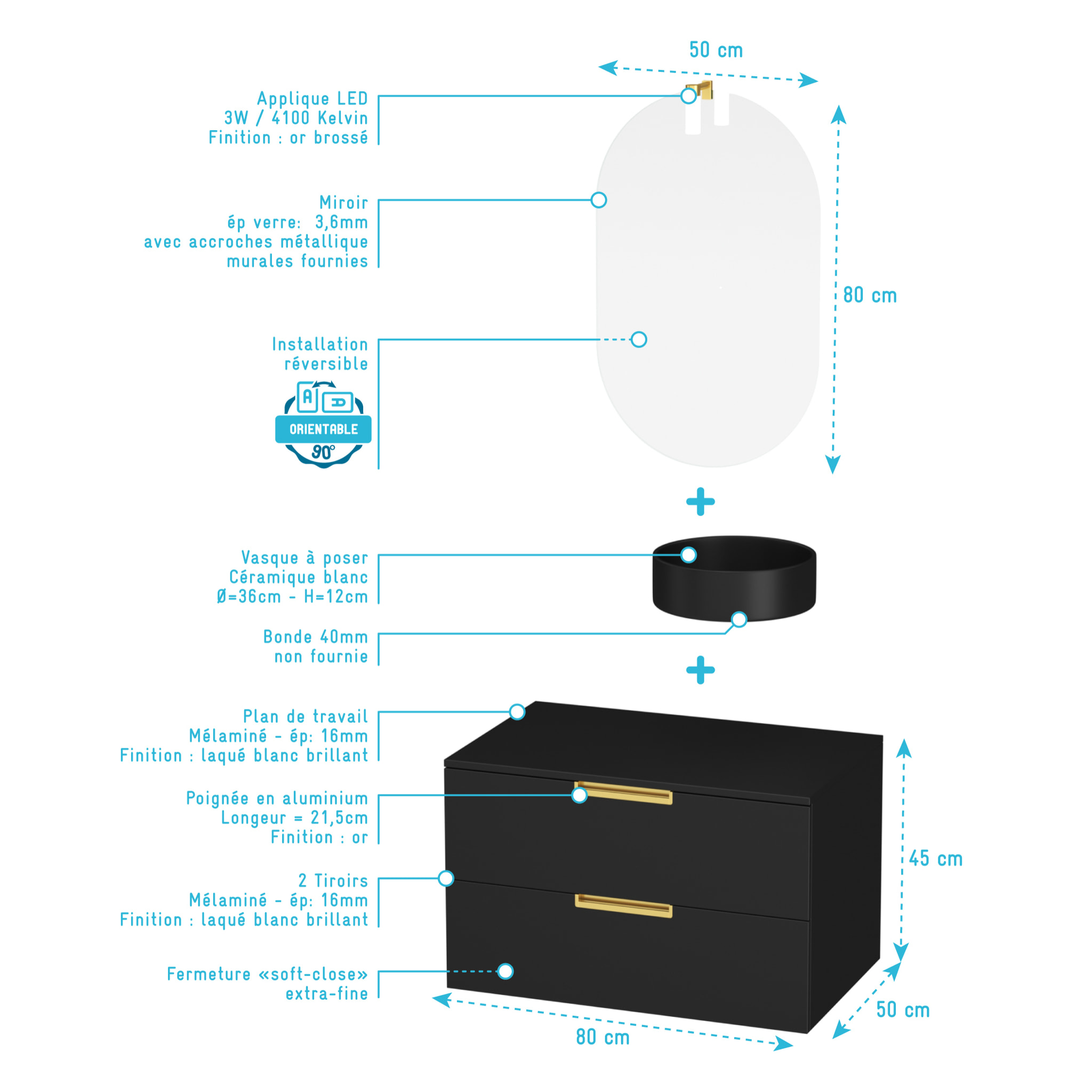 Meuble Salle de Bains 80cm Noir Mat et Or Doré 2 Tiroirs - Vasque Noire - Miroir & Applique Led