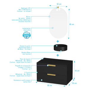 Meuble Salle de Bains 80cm Noir Mat et Or Doré 2 Tiroirs - Vasque Noire - Miroir & Applique Led