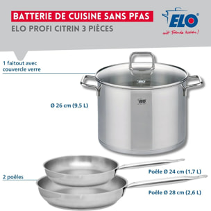 Set de 2 Poêles de cuisson 24 et 28 cm et 1 faitout 26 cm Elo Profi Citrin