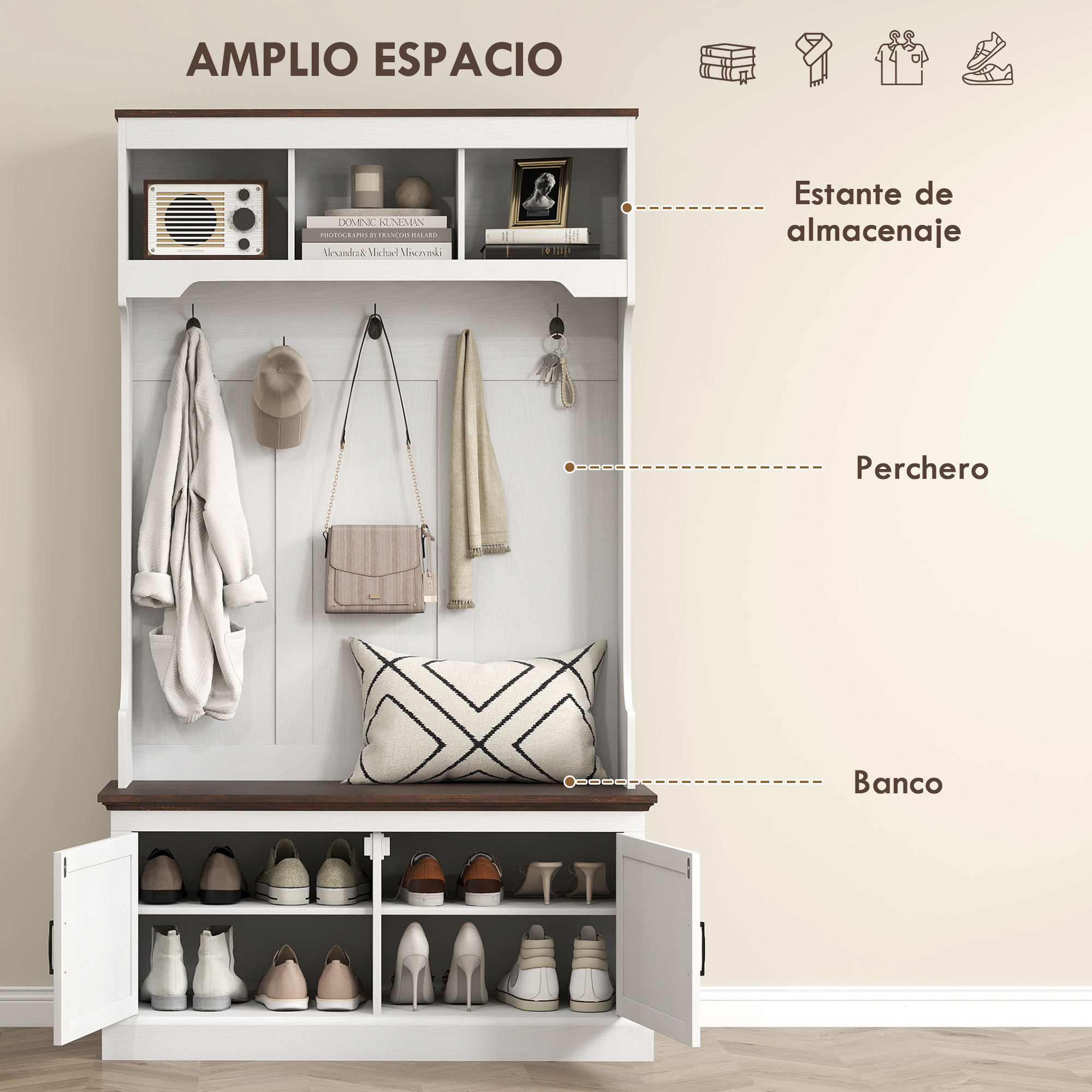 Perchero Zapatero, Perchero Entrada Recibidor con Banco Zapatero 5 Ganchos 3 Estantes Armario y Compartimentos Estilo Rústico para Pasillo Dormitorio Salón 105x40x180 cm Blanco