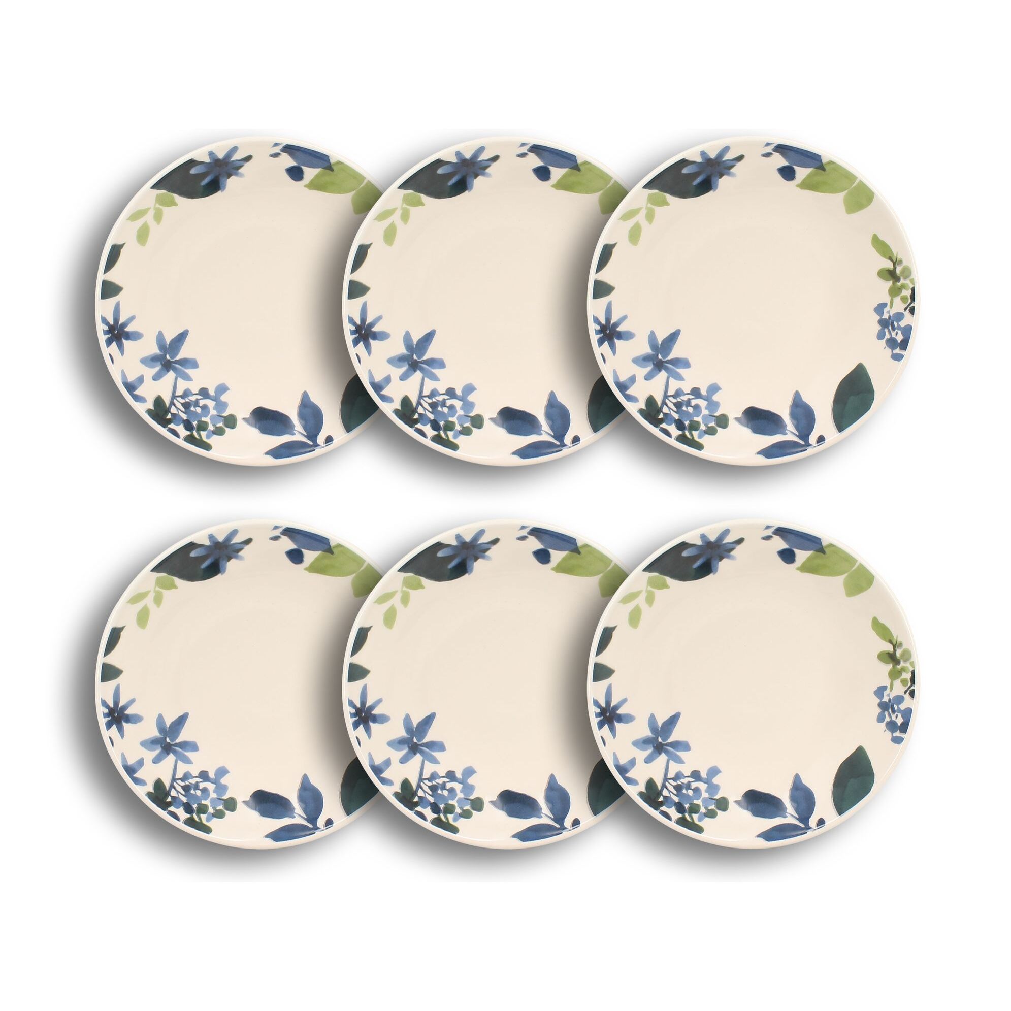 Lot de 6 assiettes creuses en grès 20,5cm motif fleuri bleu BLEUET