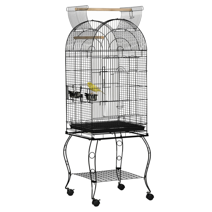 Jaula para Pájaros con Soporte y Ruedas Jaula Grande de Acero con Bandeja Extraíble 4 Puertas y 2 Comederos para Loros Guacamayos 51x51x153 cm Negro