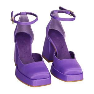 Décolleté platform viola in raso, tacco 9 cm