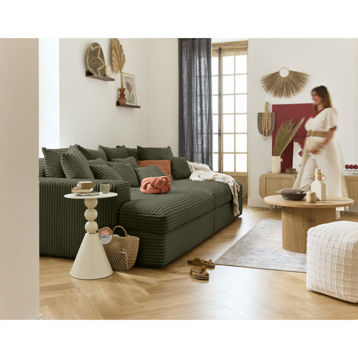 Collins - canapé droit 4 places avec double méridienne - assise profonde - velours côtelé grosses côtes - Vert