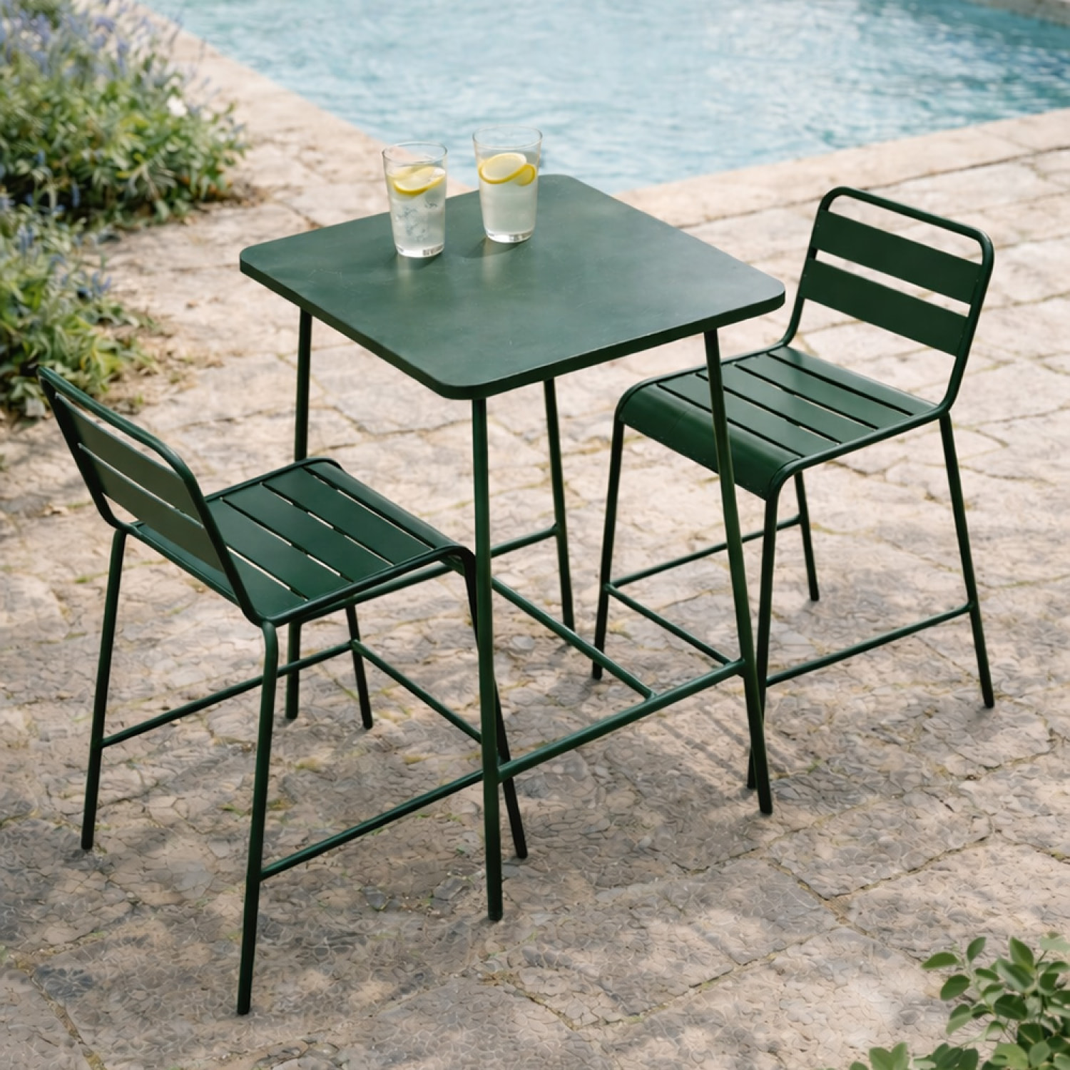 Ensemble table de bar et 2 chaises hautes d'extérieur vert EVORA