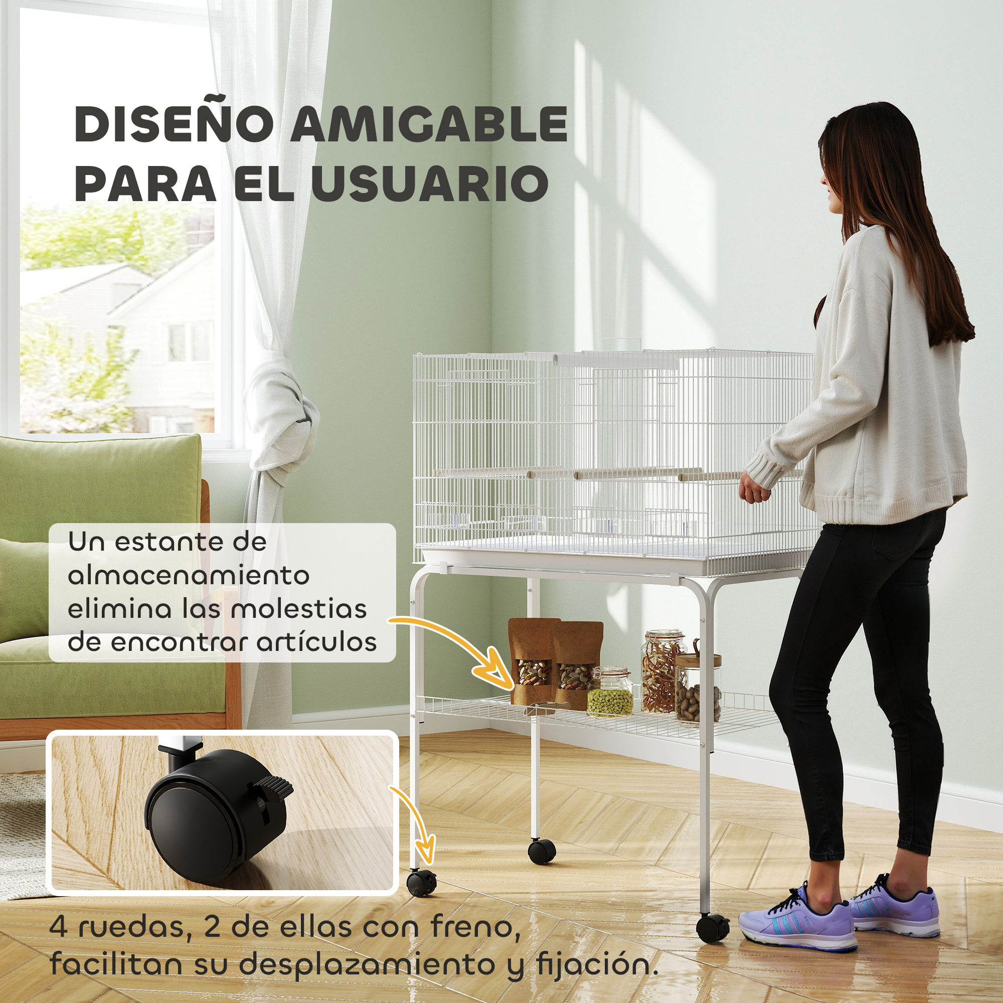 Jaula para Pájaros con Divisor Pajarera con Ruedas 4 Comederos 4 Perchas y Bandeja Extraíble Jaula para Loros Canarios Periquitos 76x46x116 cm Blanco