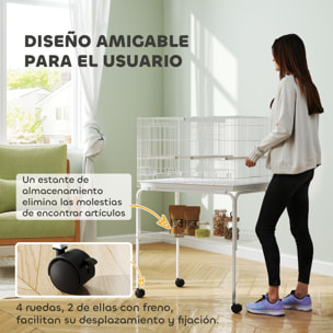 Jaula para Pájaros con Divisor Pajarera con Ruedas 4 Comederos 4 Perchas y Bandeja Extraíble Jaula para Loros Canarios Periquitos 76x46x116 cm Blanco