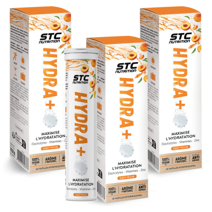 STC NUTRITION - Hydra+ - Préparation pour boisson isotonique à base d'Électrolytes, Vitamines, sucre et édulcorant naturels - Optimise l'hydratation - Pêche - Lot de 3