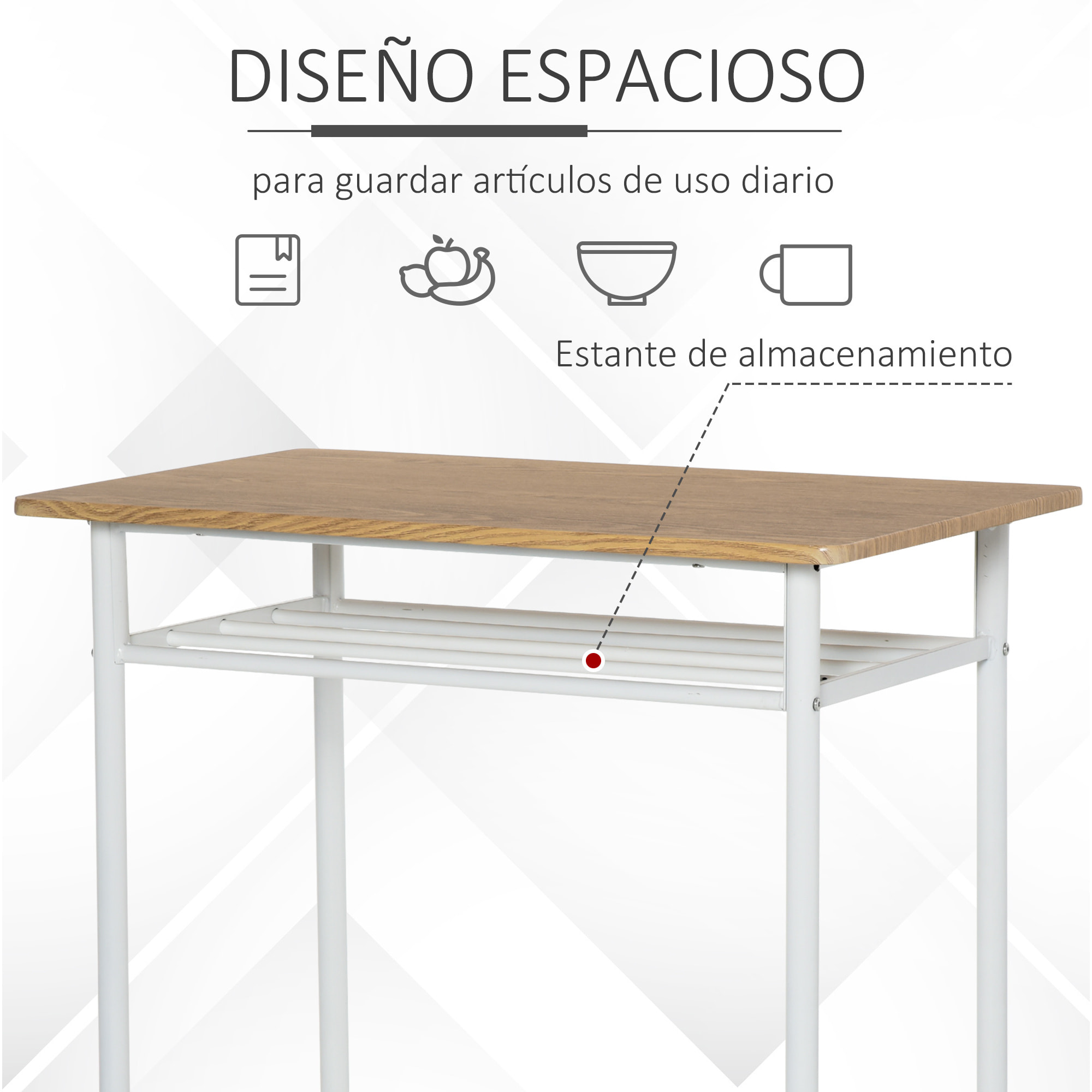 HOMCOM Juego de Mueble de Bar Set de Mesa Alta y 2 Taburetes con Estante de Almacenamiento y Marco de Metal para Cocina Comedor 80x50x90 cm Blanco y Natural