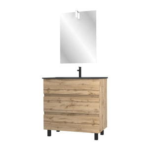 Meuble salle de bain 80x60 - Finition chene naturel + vasque noire + miroir Led - TIMBER 80 - Pack43