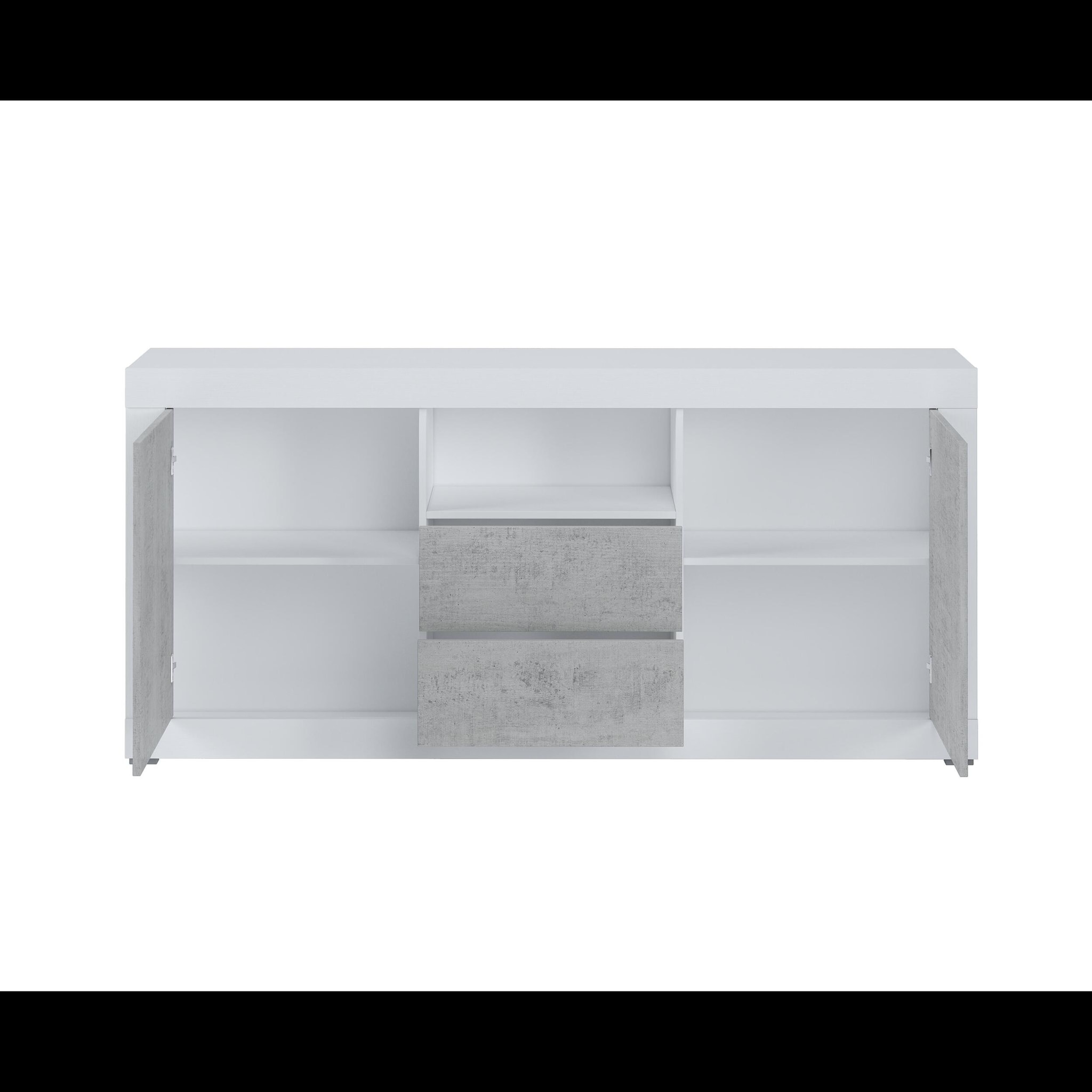 Credenza Moderna Madia Con 2 Ante 2 Cassetti Vano A Giorno Mobile Sala Pranzo Soggiorno Ingresso Senza Maniglie 184x86x42 Cm Bianco Grigio Cemento