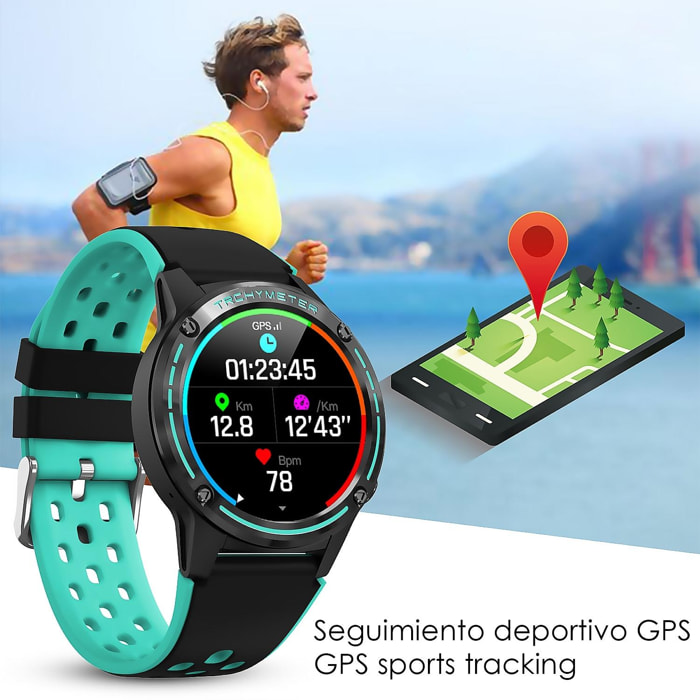 DAM Smartwatch M6S. Funciones deportivas con seguimiento GPS. Brújula, barómetro y altímetro. SIM, monitor cardiaco, notificaciones de Apps. 4,8x1,4x5,4 Cm. Color: Negro