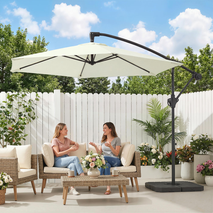Parasol déporté 3 m avec pied en croix et dalles lestage, parasol de jardin extérieur avec manivelle et loquet de verrouillage, toile polyester 180 g/m², protection UV 30+, crème