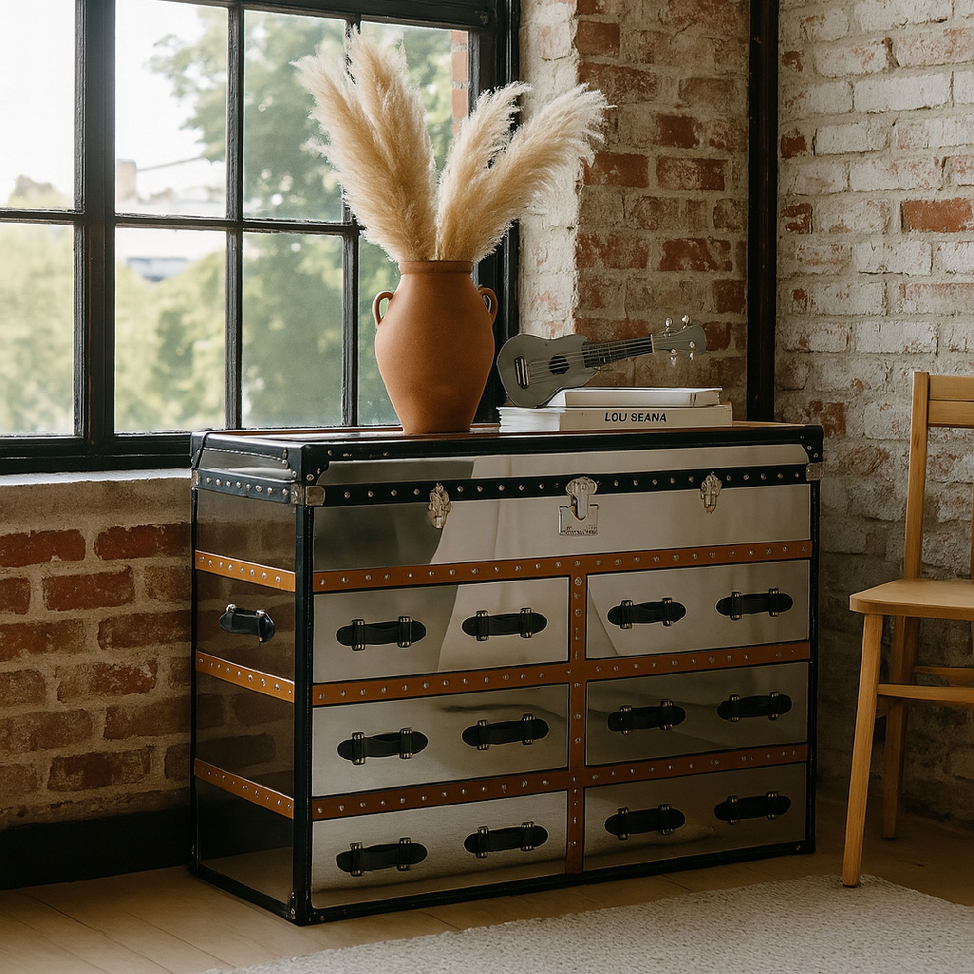 Commode 6 tiroirs en acier inoxydable et cuir  ILLIADE