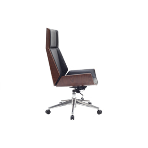Fauteuil de bureau de direction design noir, bois foncé noyer et acier chromé CURVED