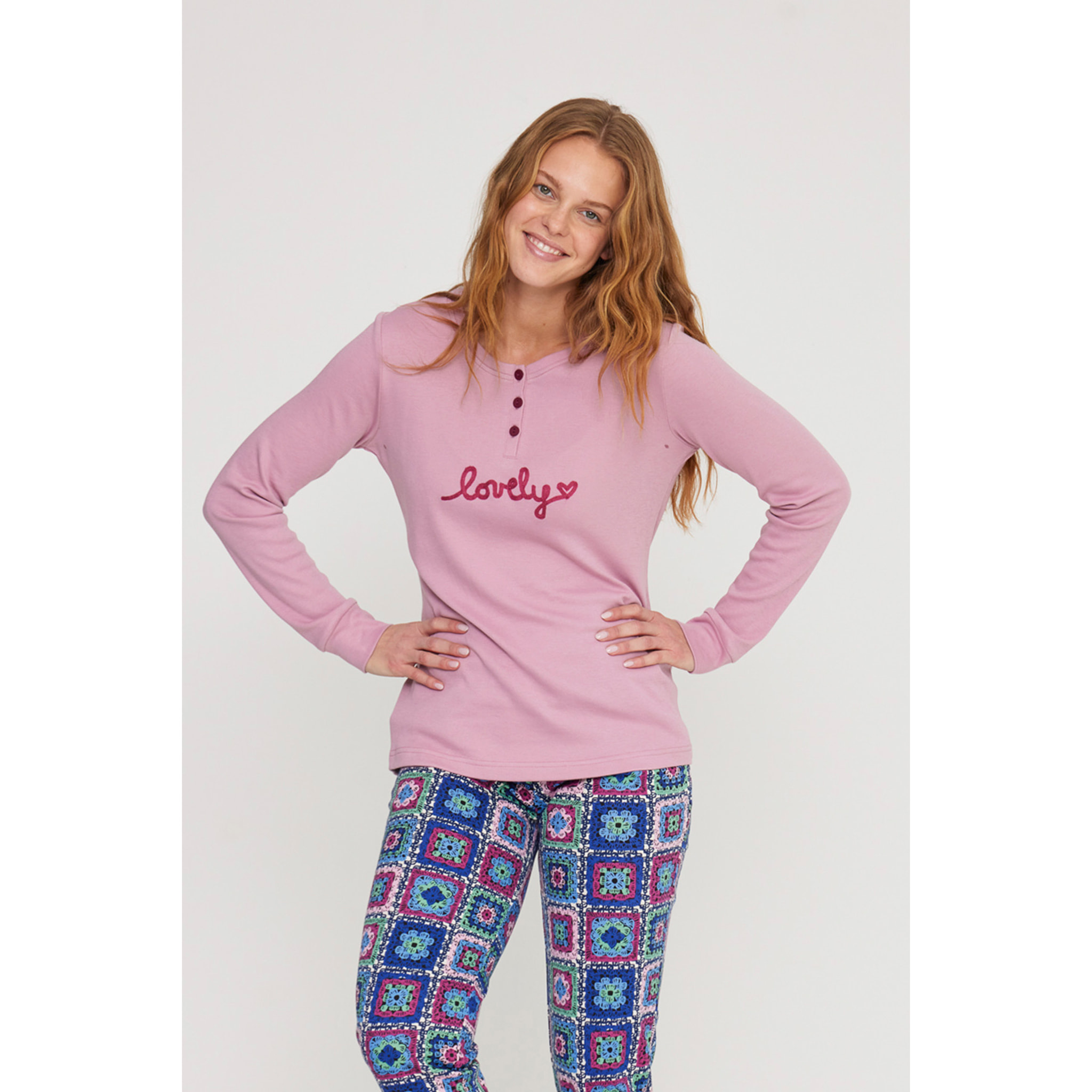 Pigiama donna folk in caldo cotone con collo a tre bottoni Noidinotte