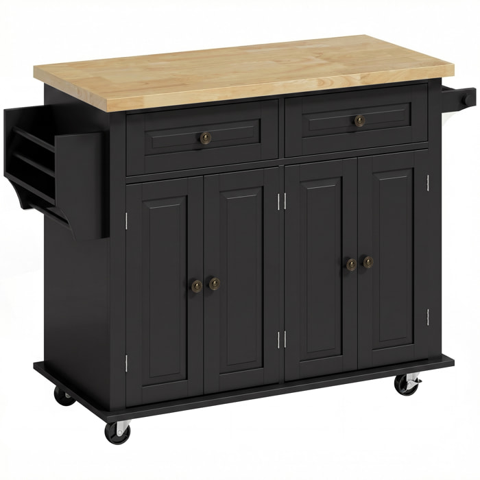 Desserte de cuisine multi rangements 2 tiroirs 2 placard 2 portes étagère range-bouteille porte-torchons MDF noir hévéa