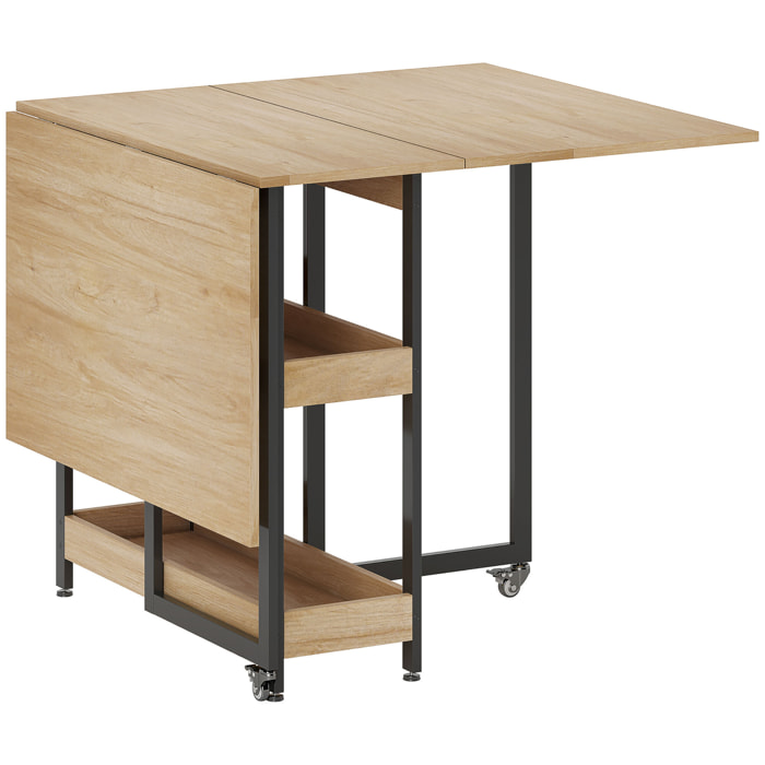Table de cuisine rabattable - table à manger pliable 2-4 personnes - étagères - métal noir effet bois