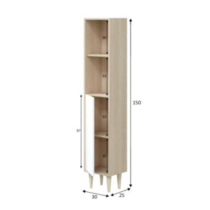Mobile colonna Lazzarina, Pensile bagno con 1 anta, Armadio alto, 30x25h150 cm, Rovere e Bianco lucido