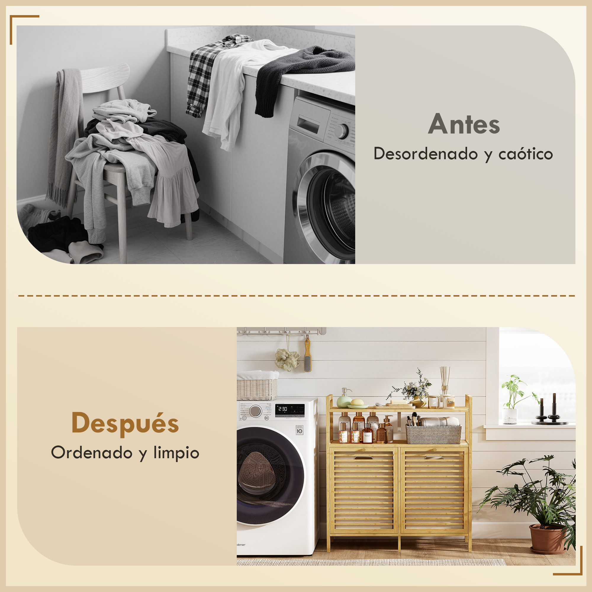 Mueble de Baño con Cesto Ropa Sucia, Mueble Ropa Sucia de Bambú, 2 Bolsas de Ropa Extraíbles y Lavables con Asa, 2 Estantes Abiertos, para Lavadero, 82x33x88 cm Natural y Crema
