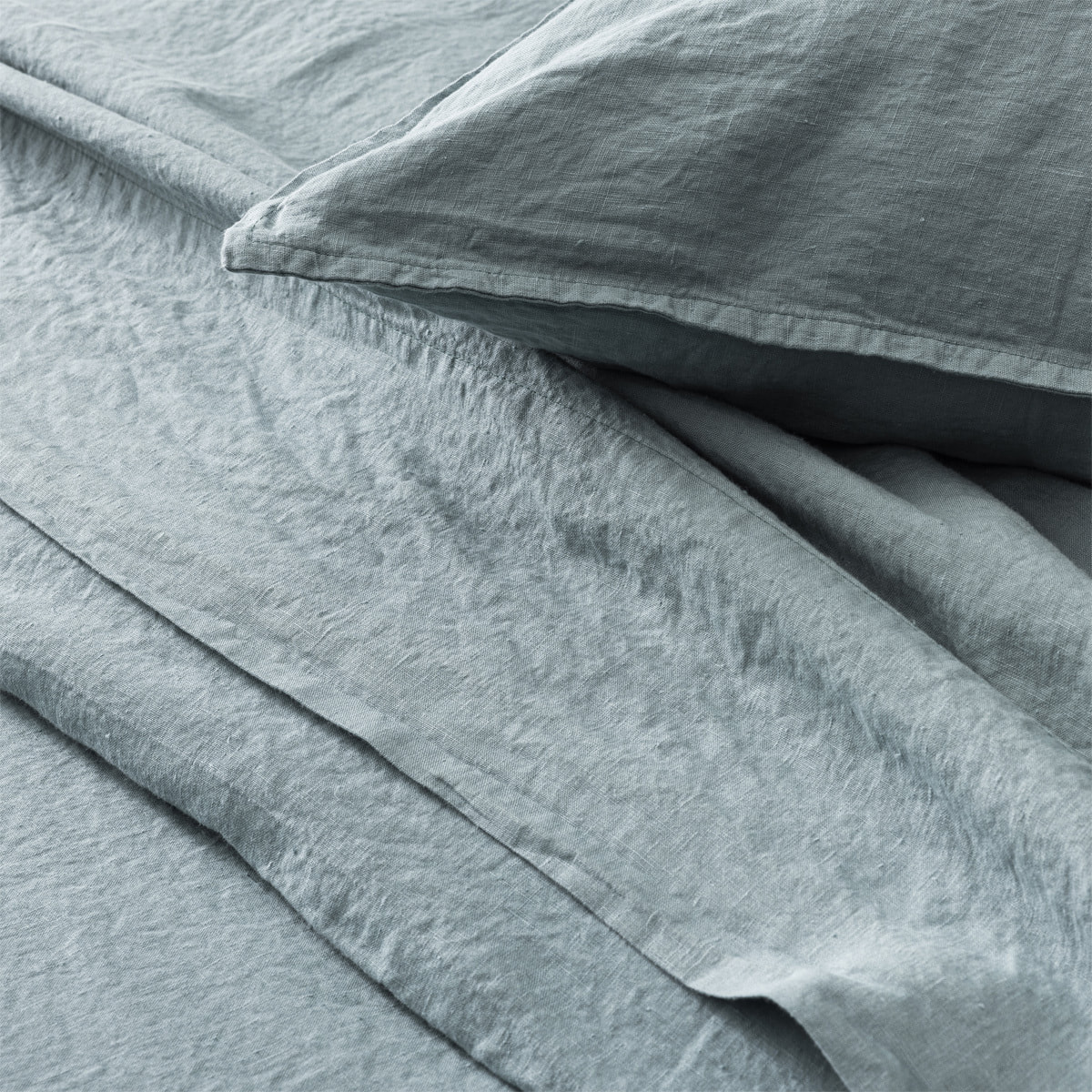 Drap plat uni en lin lavé, Made in France, NOUVELLE VAGUE , Bleu cascade