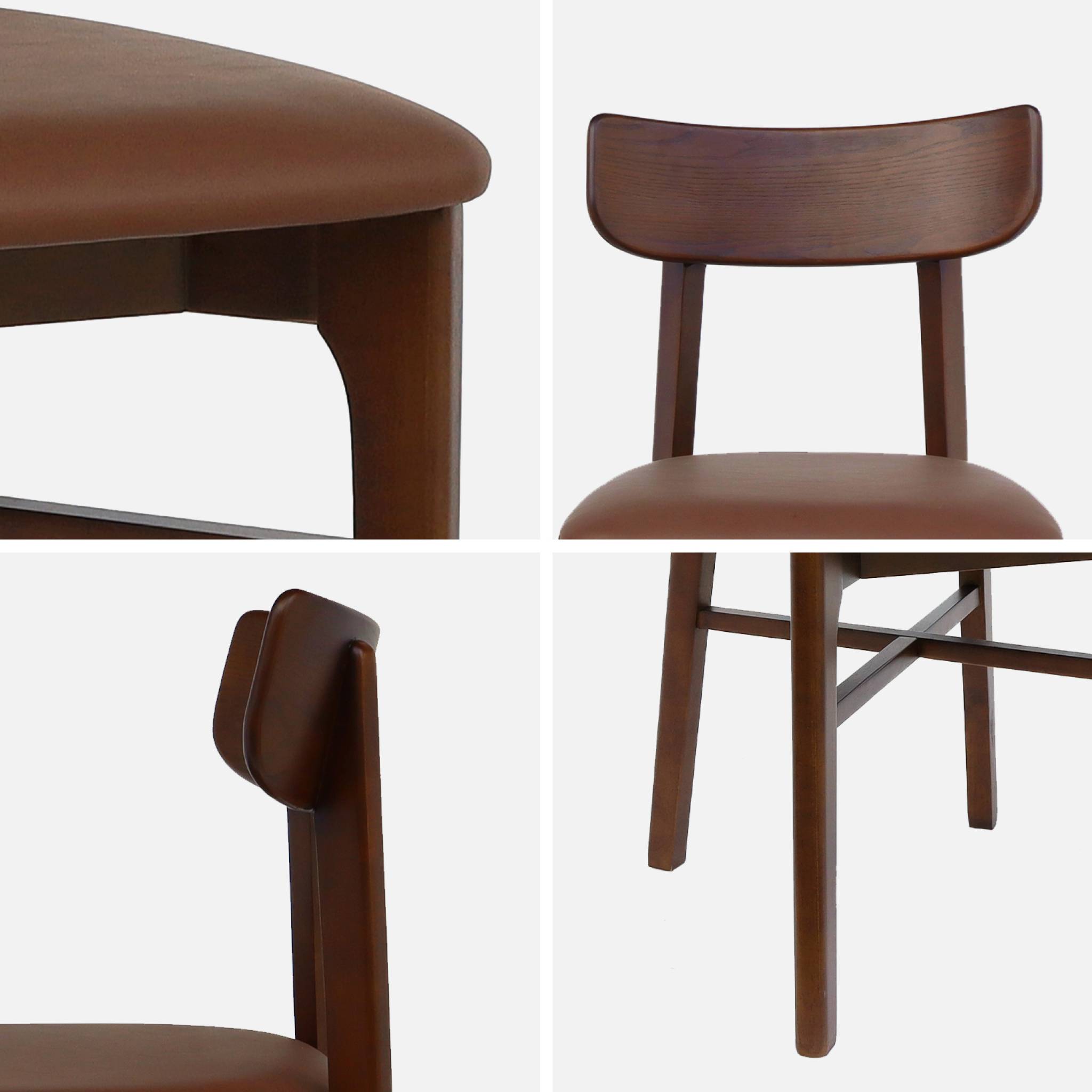 Lot de 2 chaises bois d'hévéa et assise simili cuir marron. vintage. L 43.5 x P 48 x H 81cm