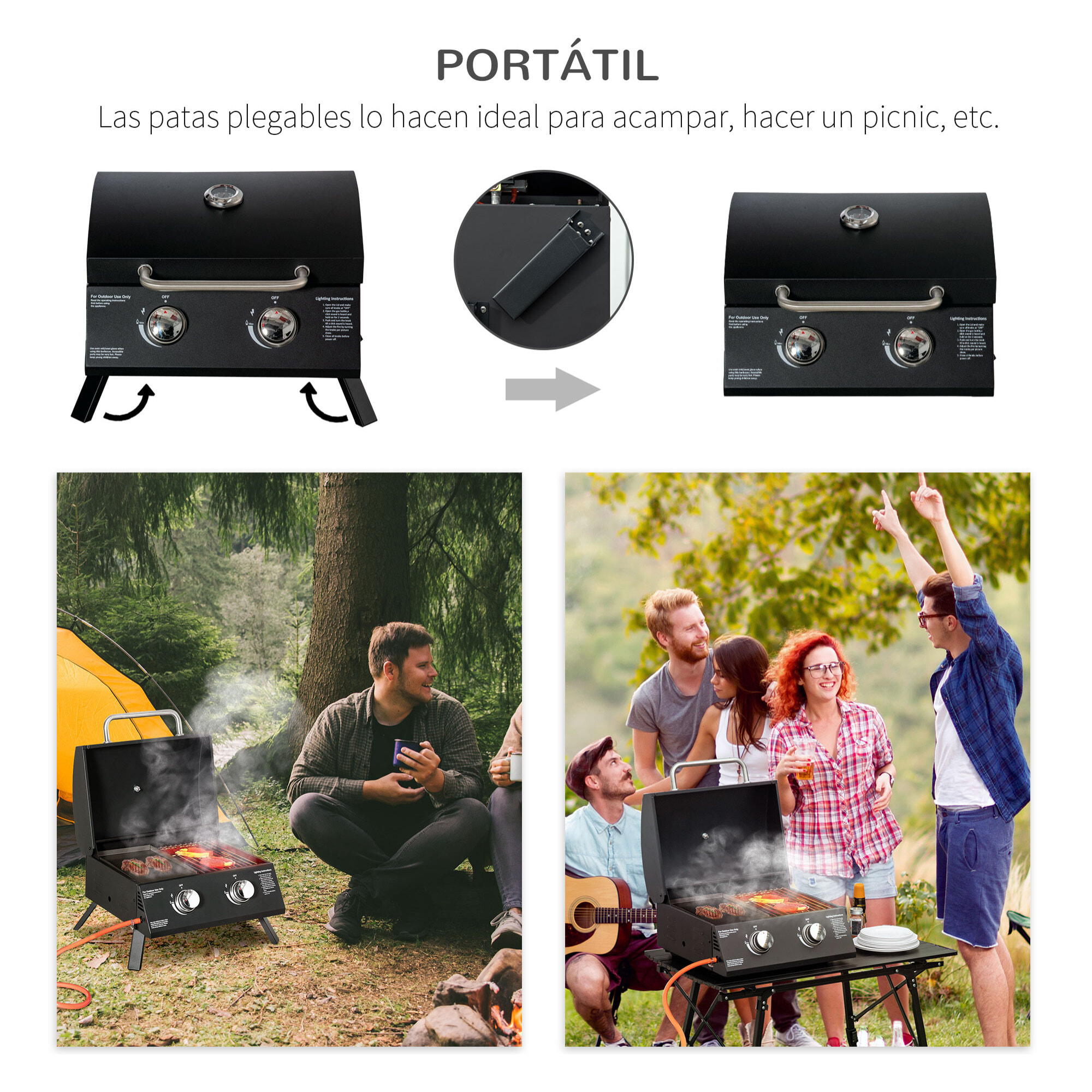 Barbacoa de Mesa a Gas Plegable con 2 Quemadores Parrilla de Gas Portátil con Tapa Acero a Carbono para Camping Picnic al Aire Libre Jardín 55x46,5x41 cm Negro