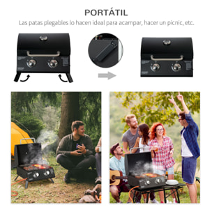 Barbacoa de Mesa a Gas Plegable con 2 Quemadores Parrilla de Gas Portátil con Tapa Acero a Carbono para Camping Picnic al Aire Libre Jardín 55x46,5x41 cm Negro