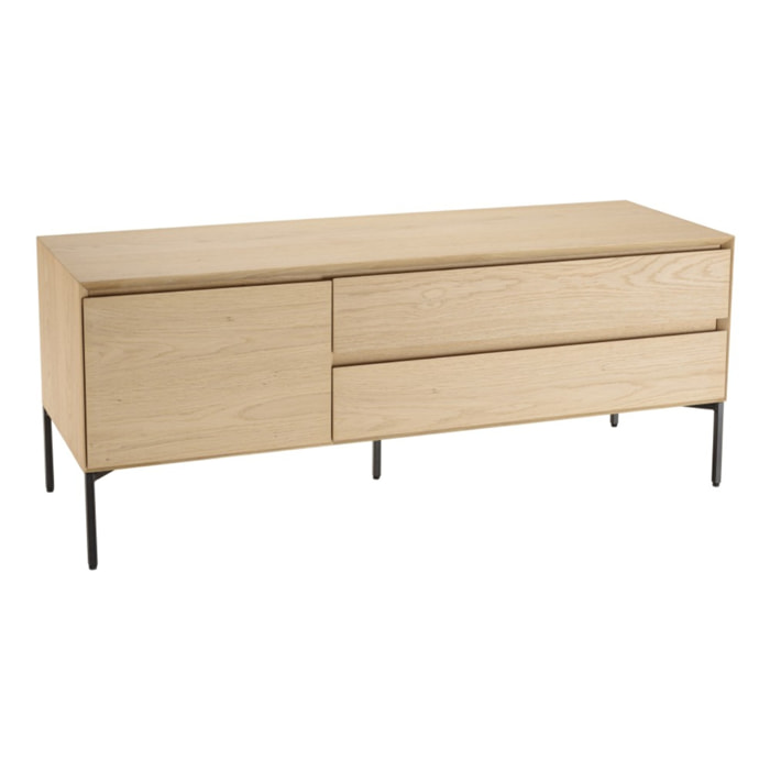 MAXENDRE - Meuble TV naturel 1 porte 2 tiroirs pieds métal noir