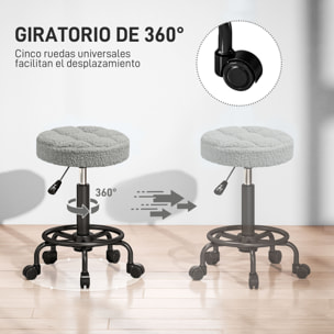 Taburete Giratorio Redondo Taburete con Ruedas Altura Regulable 50-66 cm Asiento Tapizado en Tejido de Borreguito para Salones Talleres Spa Masaje Gris