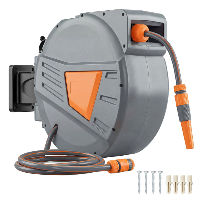 Enrollador de Manguera para Jardín 30+2 m con Boquilla de 2 Modos, Carrete de Manguera de Jardín de Pared con Bloqueo Automático y Retracción Controlada, Soporte Orientable 180°, Naranja