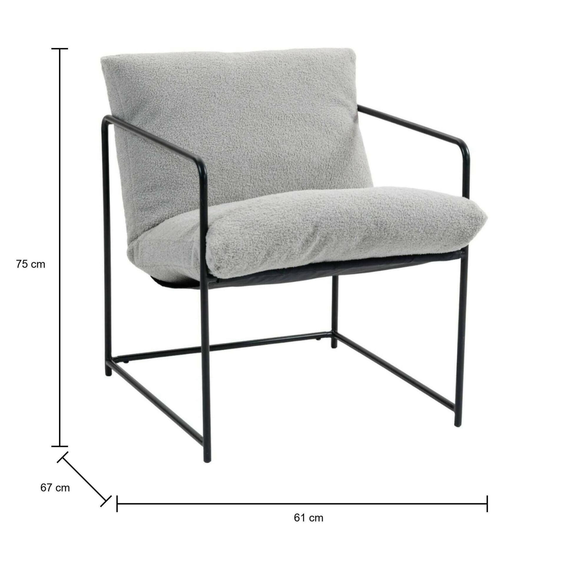 Poltrona Dabdelat, Poltrona rivestita in tessuto bouclé, Sedia imbottita, Seduta con braccioli in metallo, 61x67h75 cm, Grigio