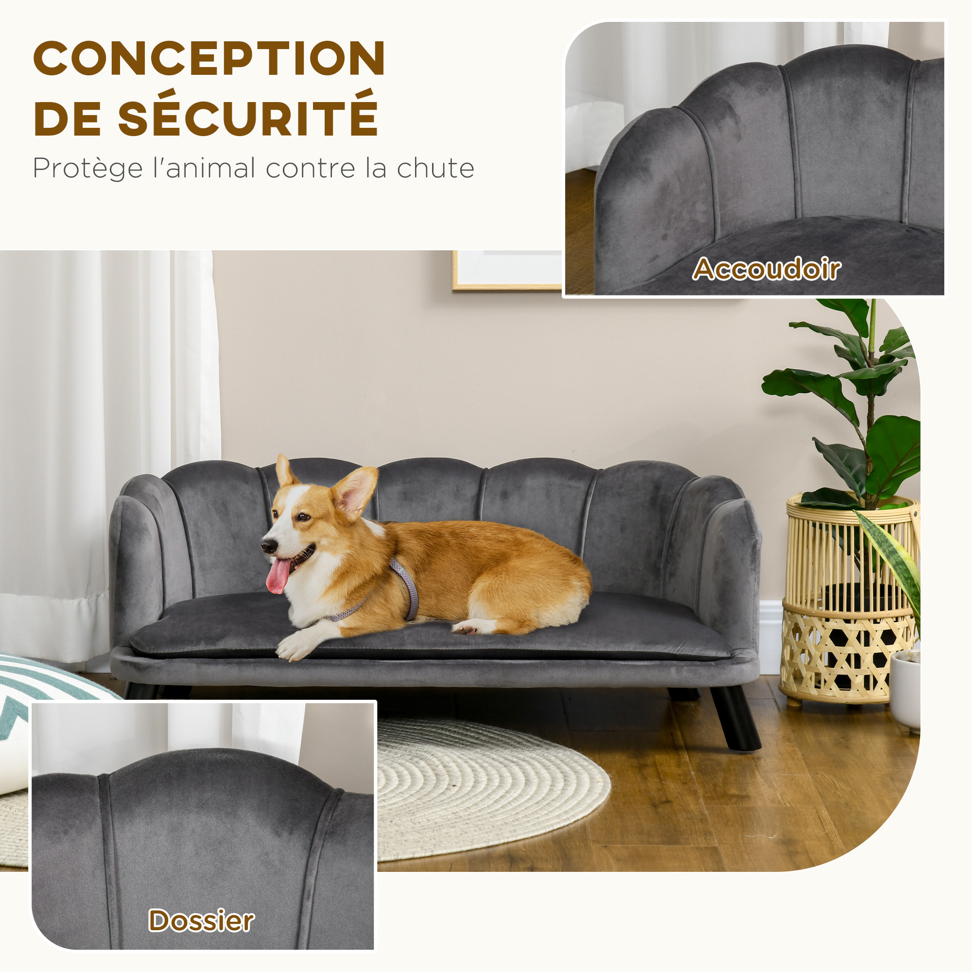 Canapé chien lit pour chien chat design contemporain coquillage dim. 98L x 60l x 35H cm coussin moelleux velours gris