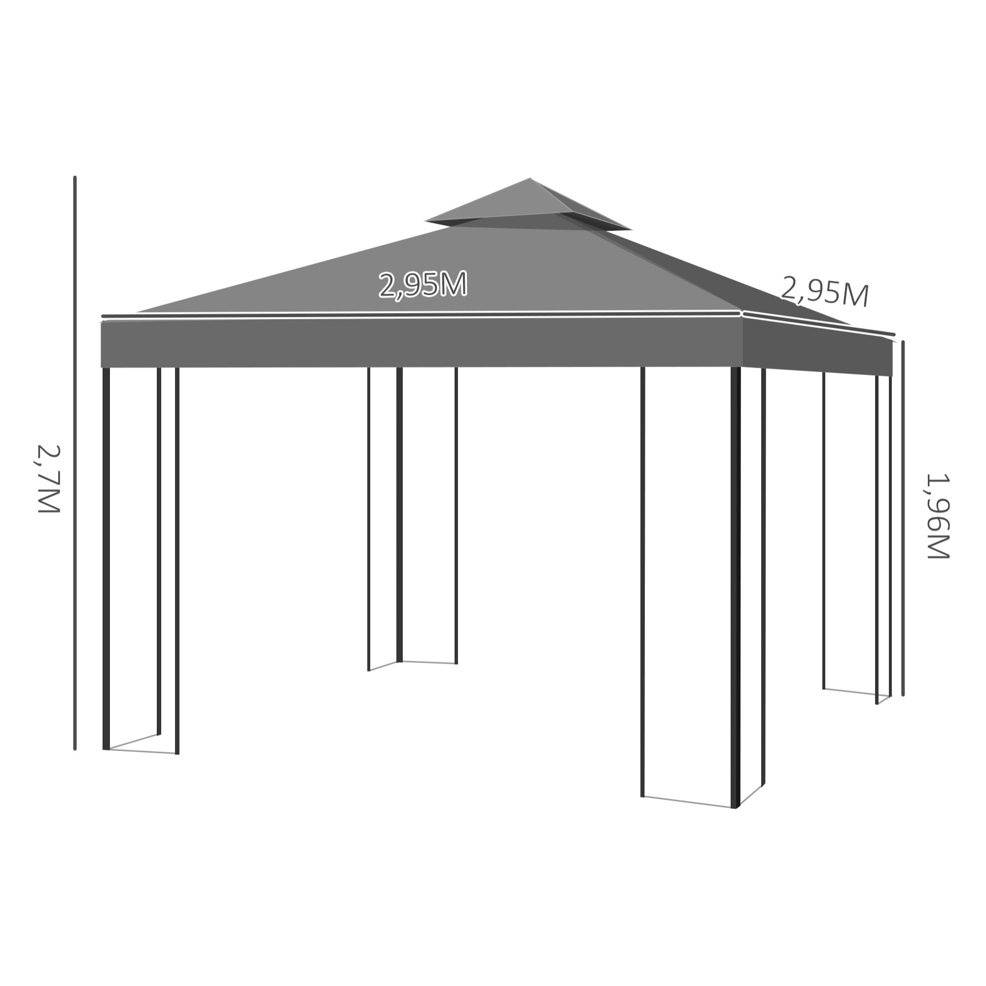 de Jardín 3x3 m Pabellón de Jardín Gazebo con Doble Techo Estructura de Acero 8 Orificios de Drenaje Resistente al Agua Carpa para Exterior Terraza Patio Gris