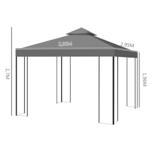 de Jardín 3x3 m Pabellón de Jardín Gazebo con Doble Techo Estructura de Acero 8 Orificios de Drenaje Resistente al Agua Carpa para Exterior Terraza Patio Gris