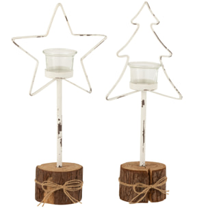 J-Line Photophore Sur Tronc D'arbre Arbre/Etoile Bois/Verre Blanc/Marron Assortiment De 2