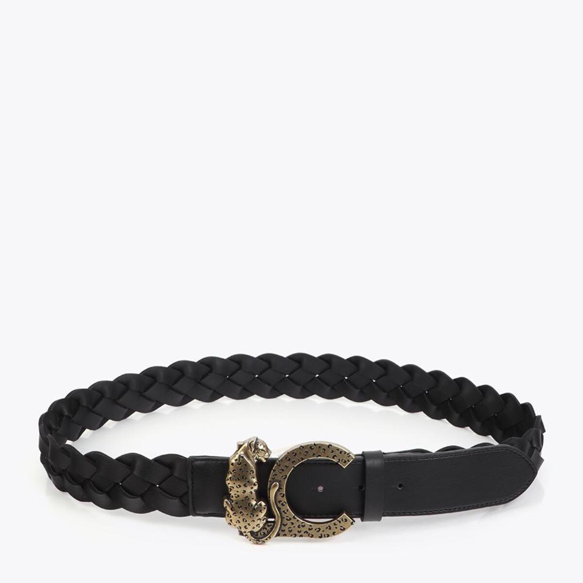 Cintura reversibile in similpelle intrecciata con fibbia con logo animale