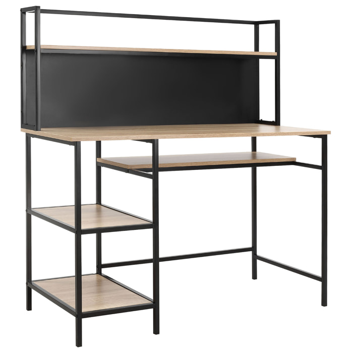 Bureau informatique design industriel 4 étagères grand plateau et panneau noir métal aspect chêne clair