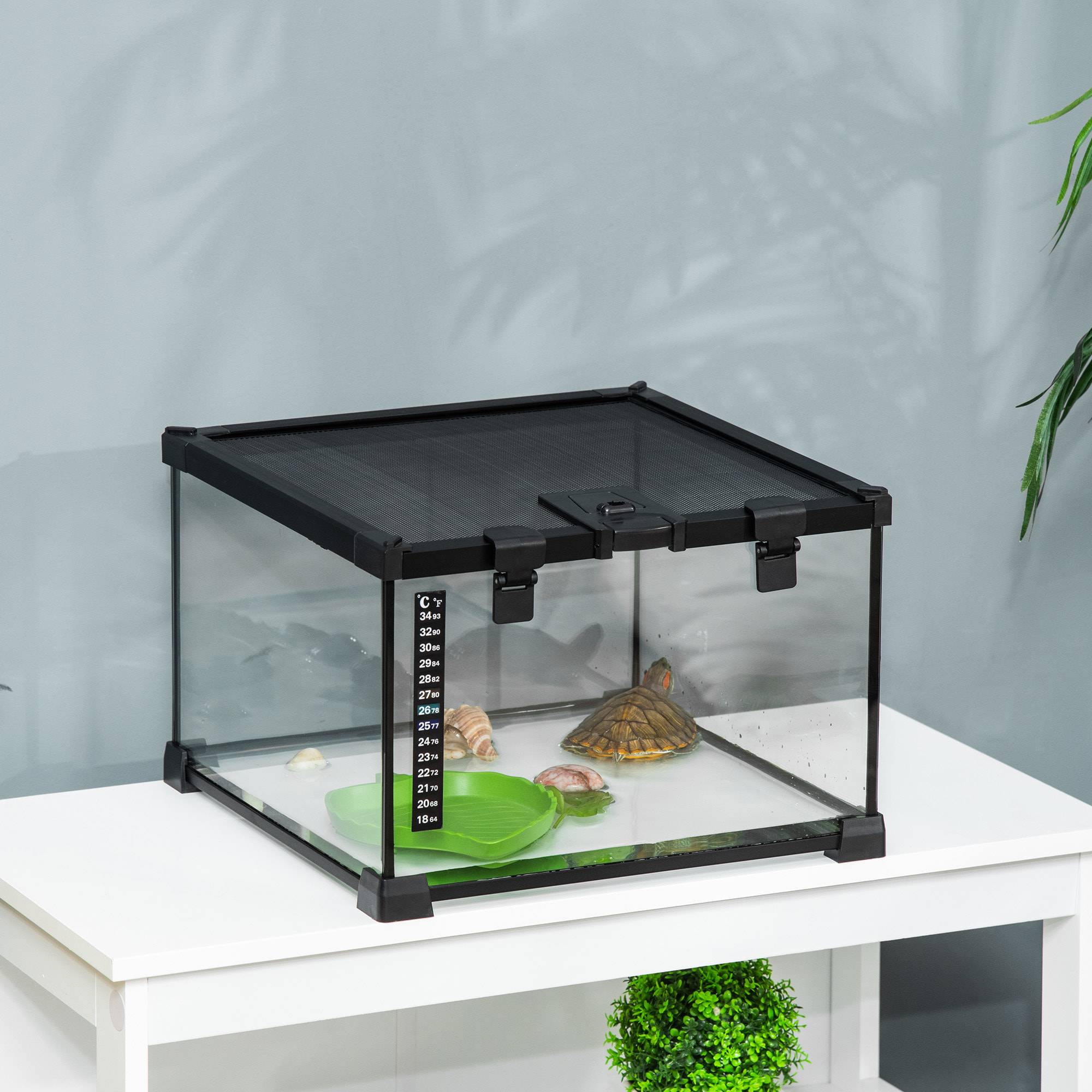 Terrarium en verre couvercle grillagé coulissant verrouillable distributeur eau thermomètre inclus