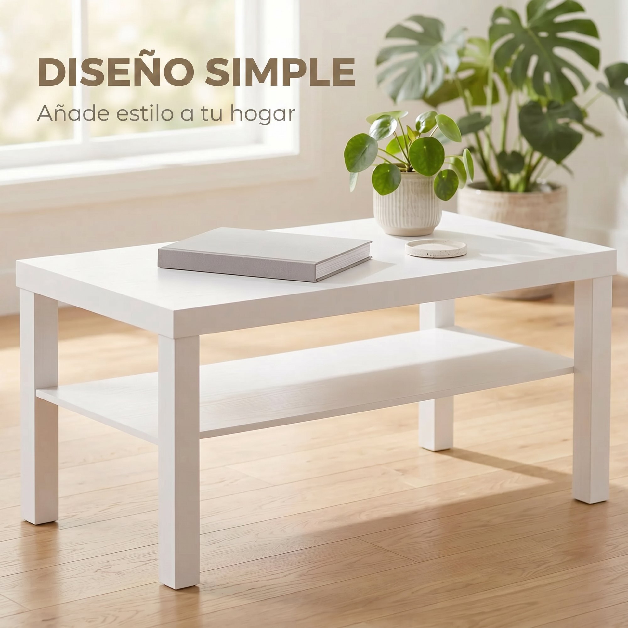 Mesa de Centro, Mesa de Café para Salón con Estante Abierto, Tablero Grueso, para Sala de Estar, Comedor, Oficina, 90x45x44,5 cm, Blanco