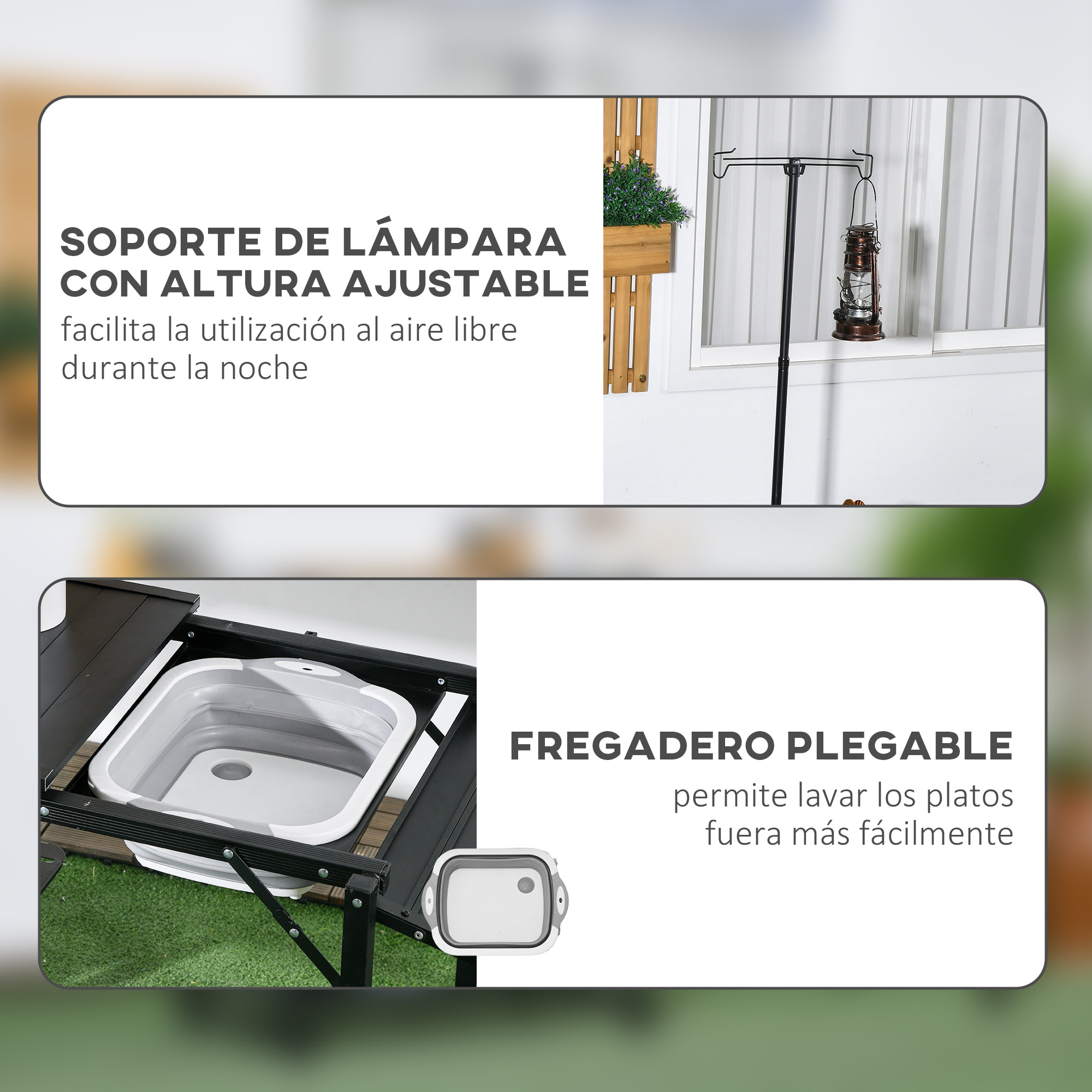Mesa de Cocina de Camping de 3 Niveles Mesa de Camping Plegable Portátil con Estantes de Almacenaje Fregadero Soporte para Lámpara y Bolsa de Transporte para Exterior 173x52x80-174 cm Negro