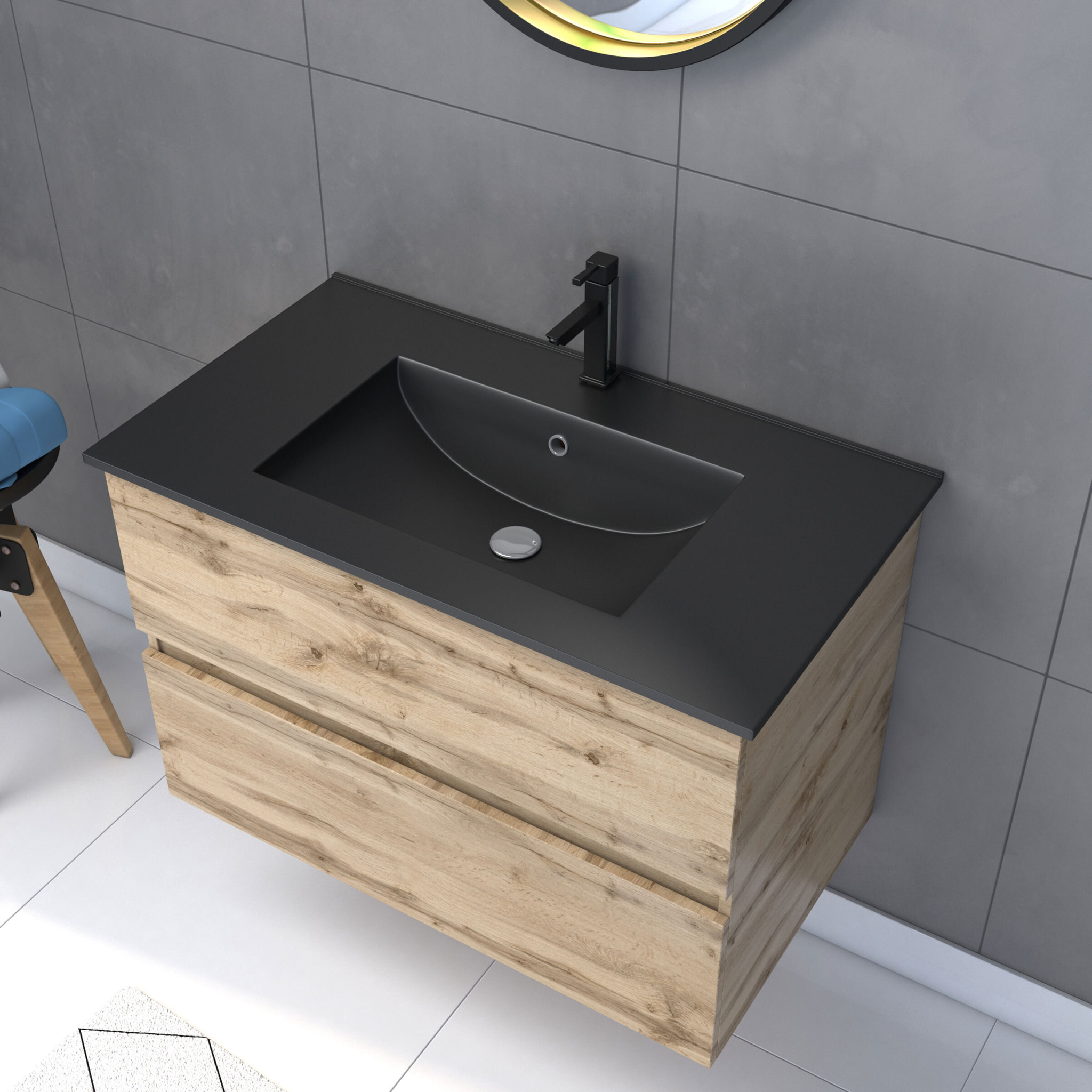 Pack Meuble SDB 80cm suspendu 2 tiroirs Chene_Vasque noire + Miroir Barber - TIMBER 80_Pack34