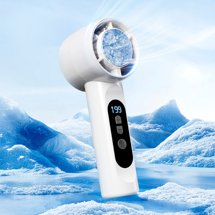 Mini ventilatore portatile ricaricabile con 5 velocità principali e pannello refrigerante.