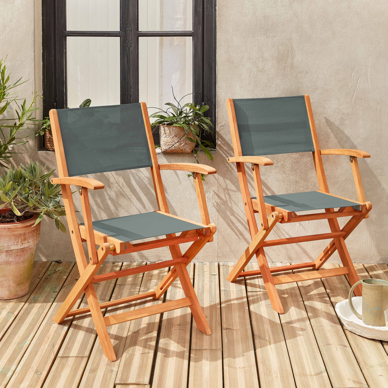 Fauteuils de jardin en bois et textilène - Almeria kaki - 2 fauteuils pliants en bois d'Eucalyptus huilé et textilène