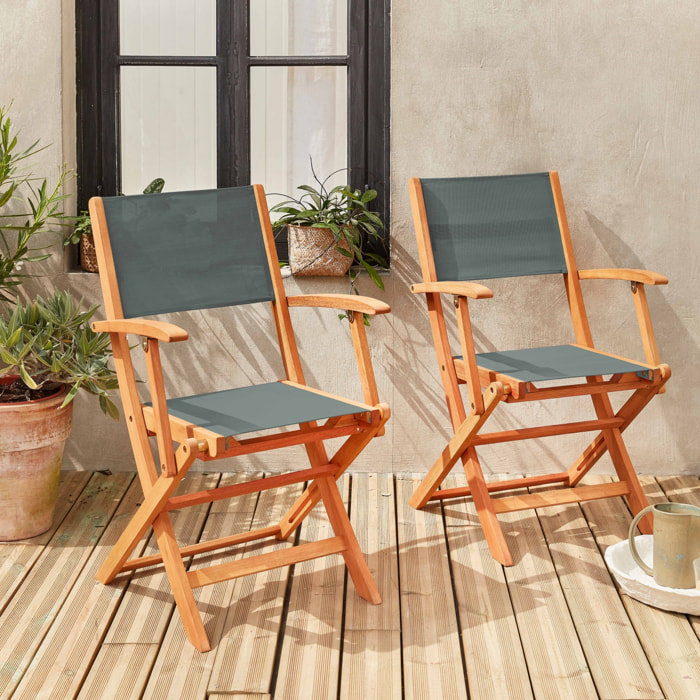 Fauteuils de jardin en bois et textilène - Almeria kaki - 2 fauteuils pliants en bois d'Eucalyptus huilé et textilène