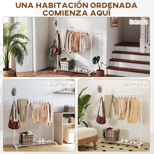 Burro Ropa con Ruedas, Perchero Burro Ropa con 5 Ganchos Barra para Colgar y Balda Inferior Perchero para Recibidor, Entrada, Dormitorio, 120x43x171 cm, Blanco