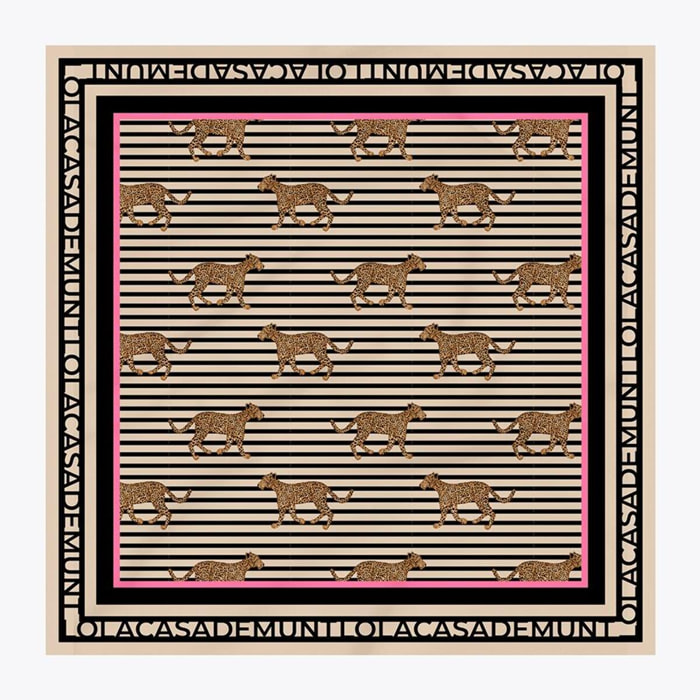 Sciarpa in raso con stampa combinata a righe e leopardo