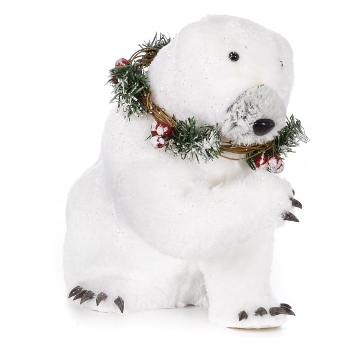 DAM Figura di orso polare seduto, con ghirlanda, 27 cm. 27x15x27 centimetri. Colore bianco