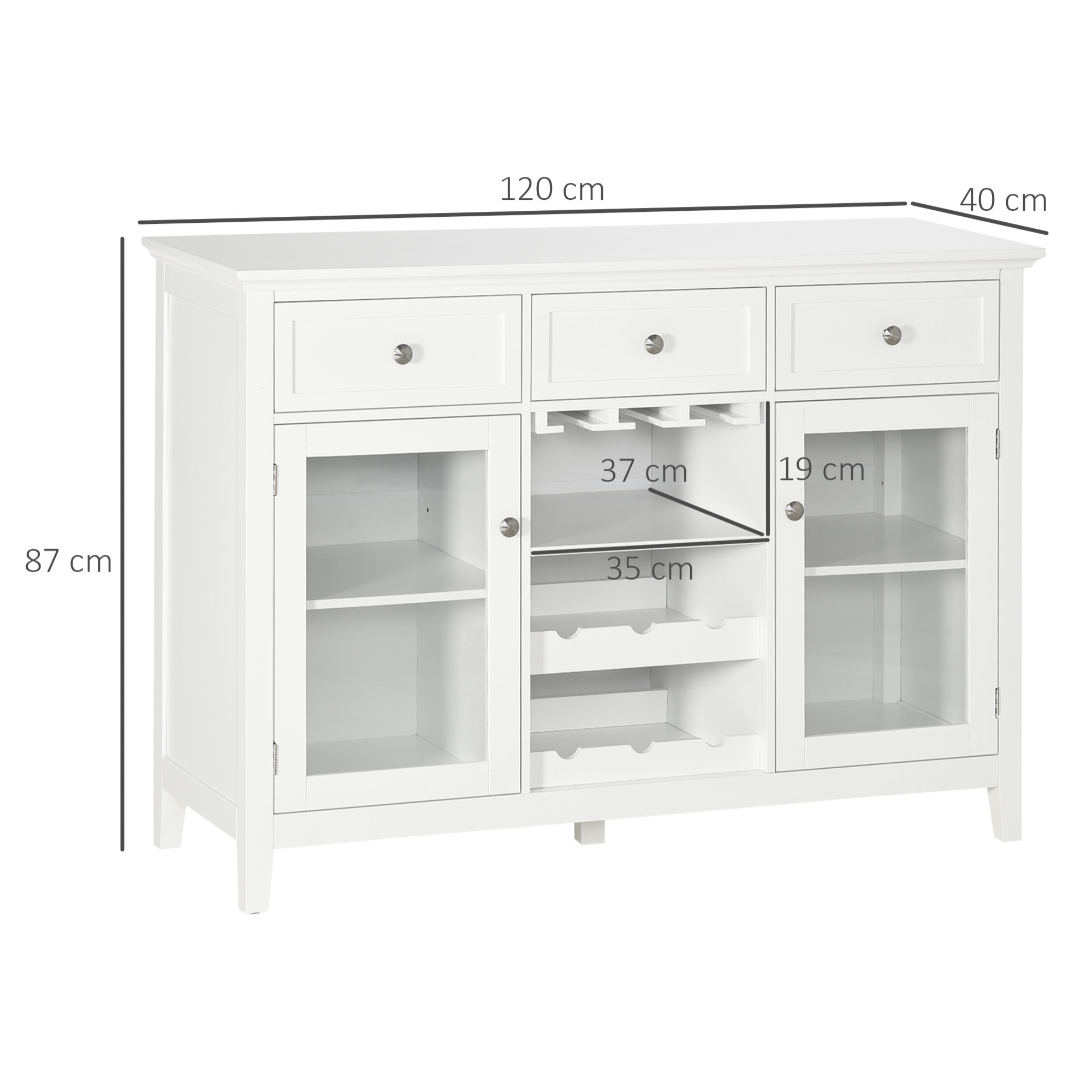 Aparador de Cocina Mueble Buffet Auxiliar con 2 Puertas de Vidrio 3 Cajones Botellero para 6 Botellas y Estante para 15 Copas para Comedor Salón Estilo Moderno Antivuelco 120x40x87 cm Blanco