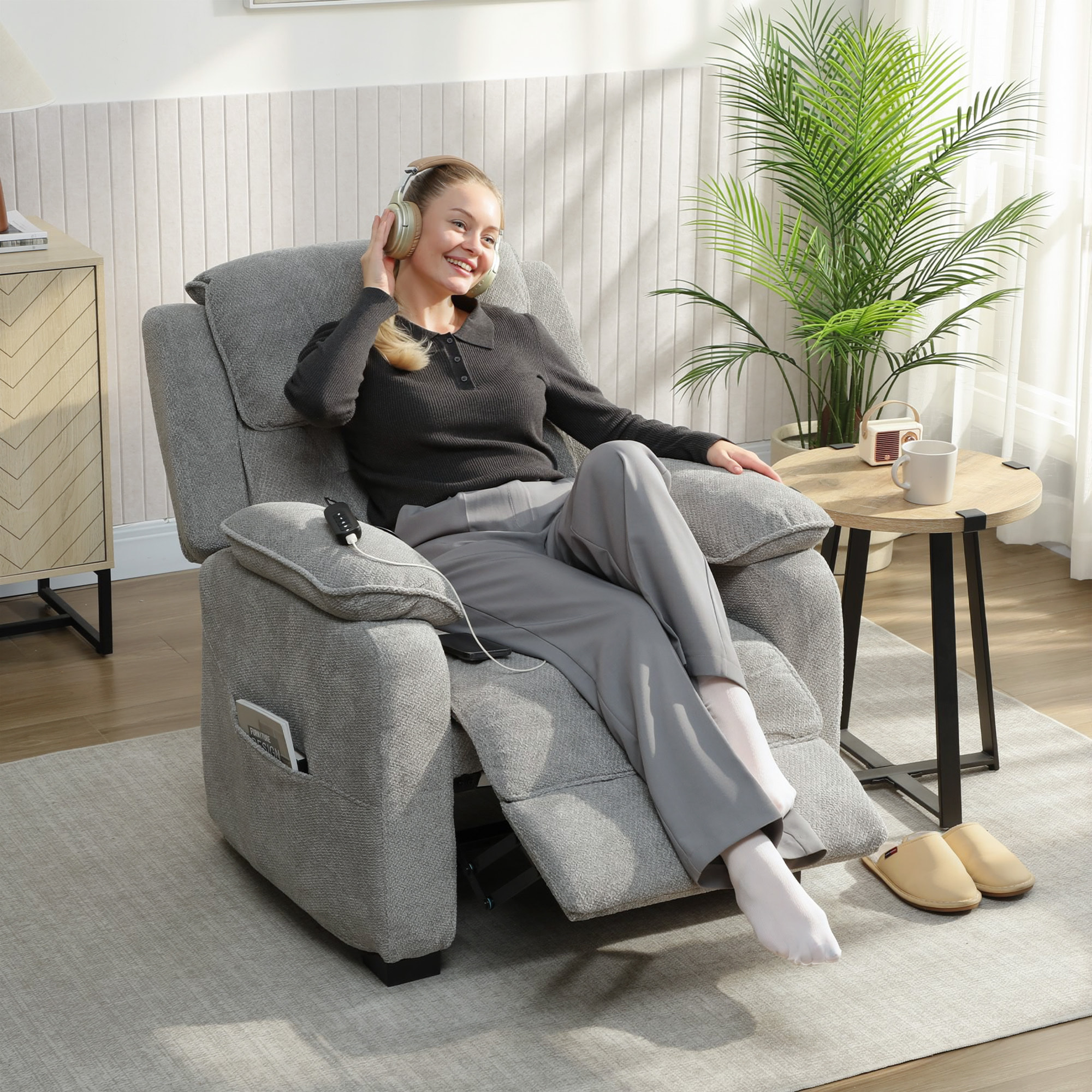 Sillón Relax Reclinable Eléctrico con Motor Silencioso, Sillón Reclinable de Terciopelo con Mando con 2 Posiciones de Memoria, Reposapiés, Reposacabezas, Puerto USB, Bolsillos, Gris Claro